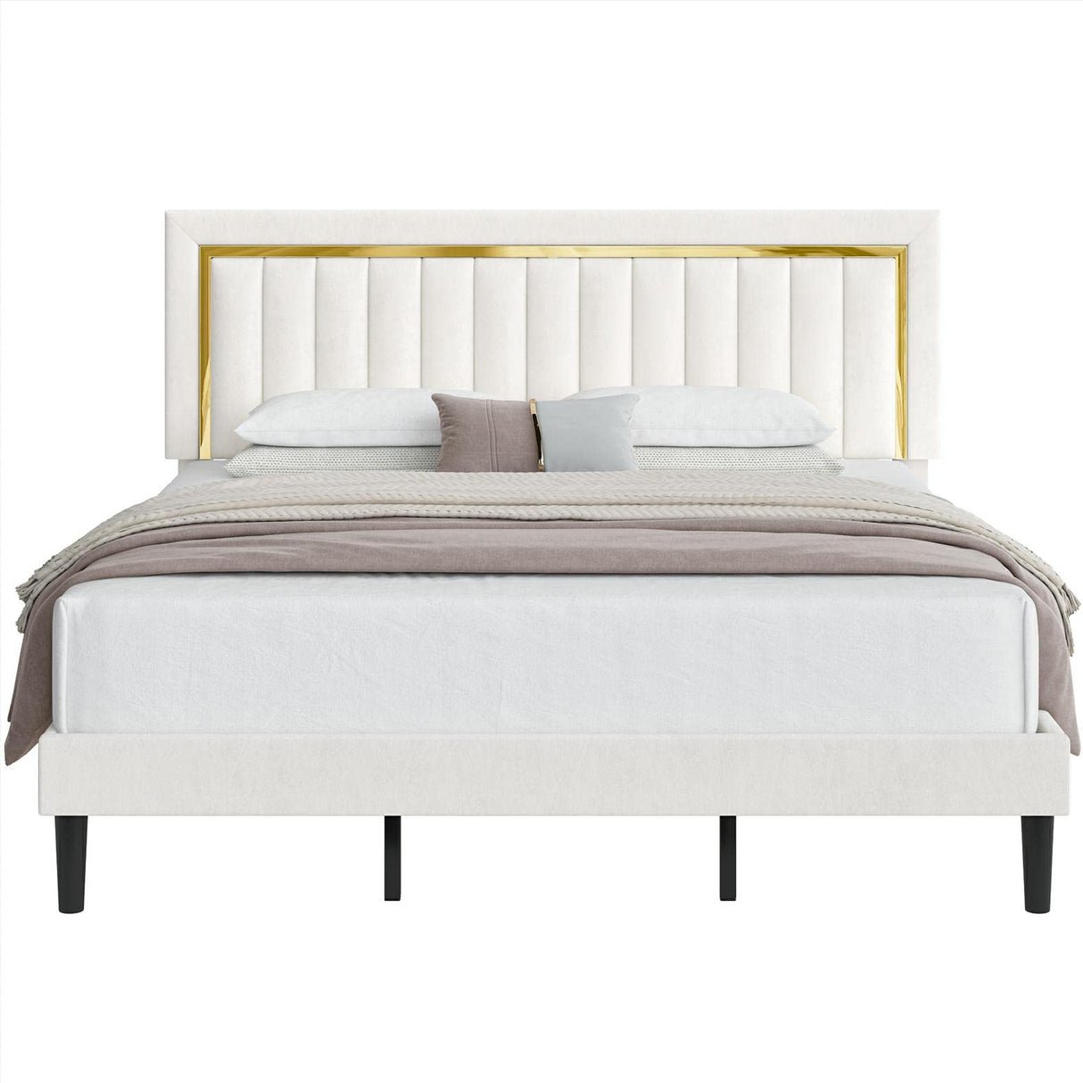 King Size Bed Frame with Adjustable Tufted Headboard, Velvet Upholstered Platform Bed