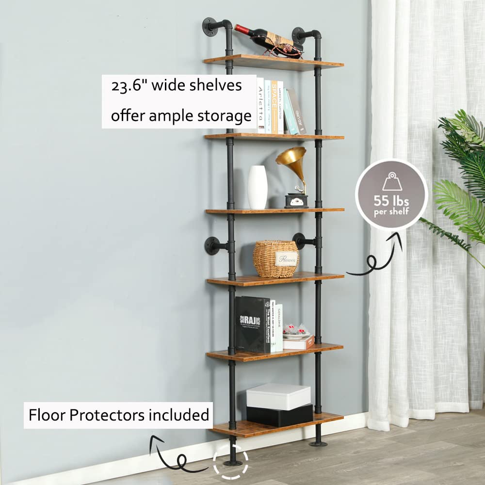 Industrial Pipe Shelving, 6-Tier Pipe Shelves Ladder Shelf, Modern Bookcase