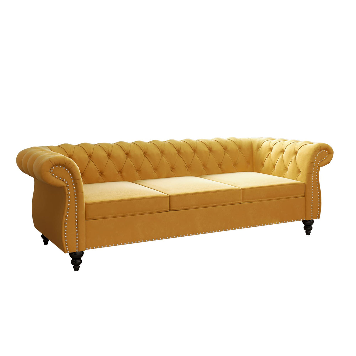Modern Tufted Couch 3 Seater with Rolled Arms and Nailhead