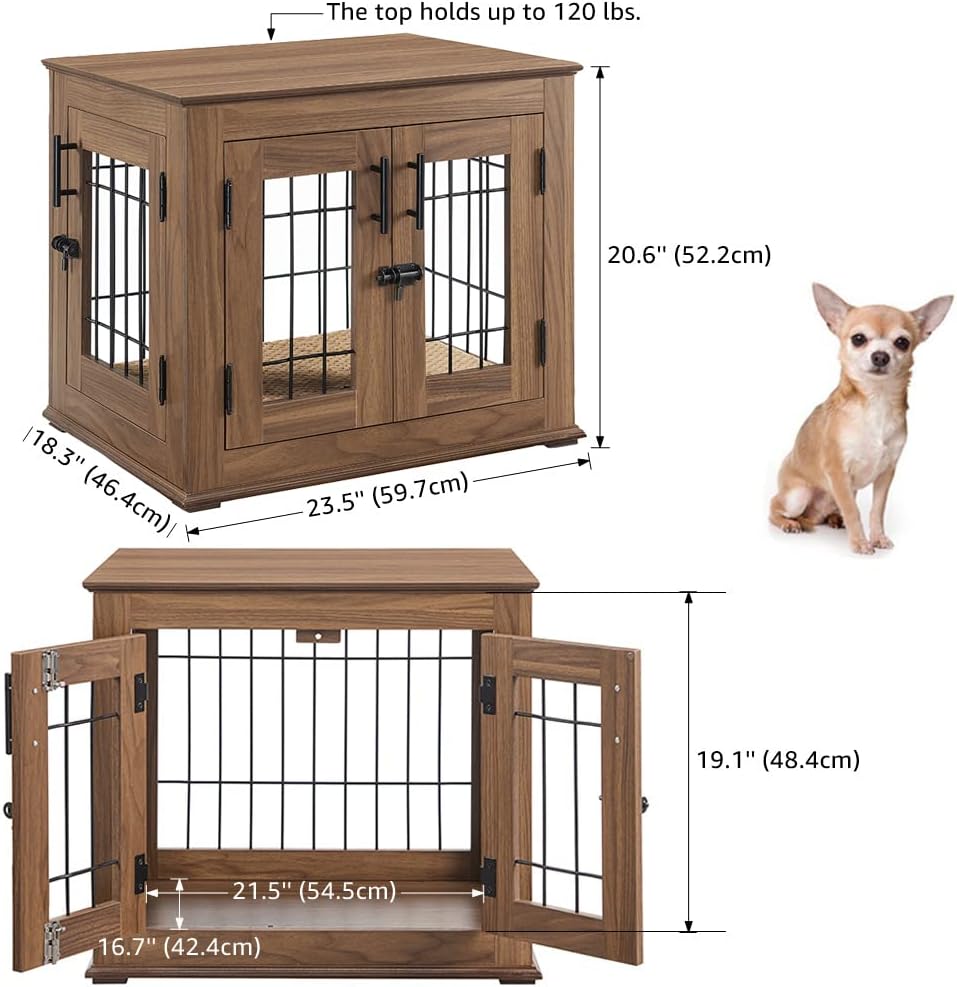 Furniture Style Dog Crate End Table, Wooden Wire Dog Kennel Double Doors with Pet Bed