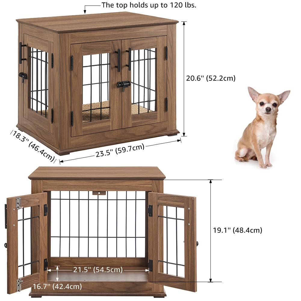 Furniture Style Dog Crate End Table, Wooden Wire Dog Kennel Double Doors with Pet Bed
