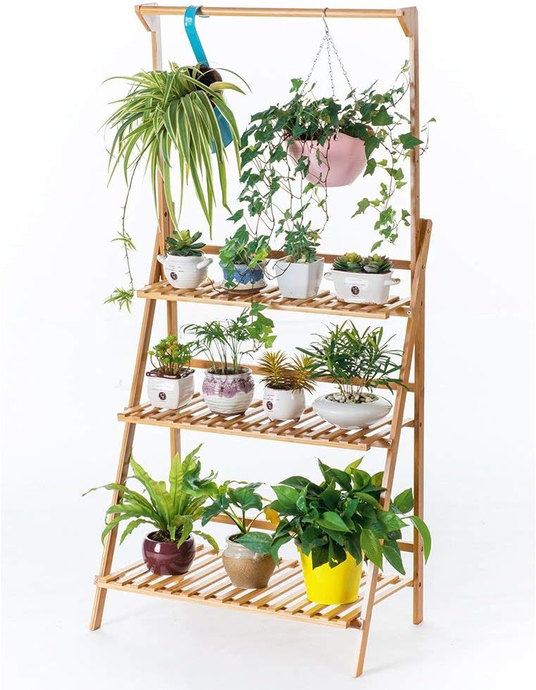 Bamboo 3-Tier Hanging Plant Stand – Foldable Flower Pot Organizer Rack
