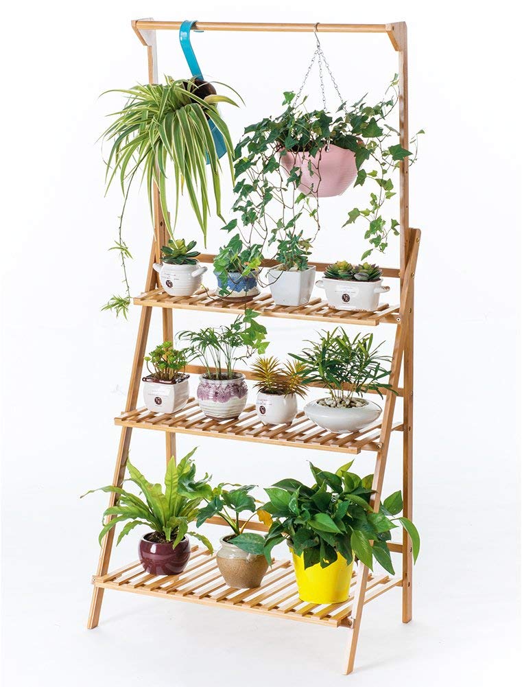 Bamboo 3-Tier Hanging Plant Stand – Foldable Flower Pot Organizer Rack