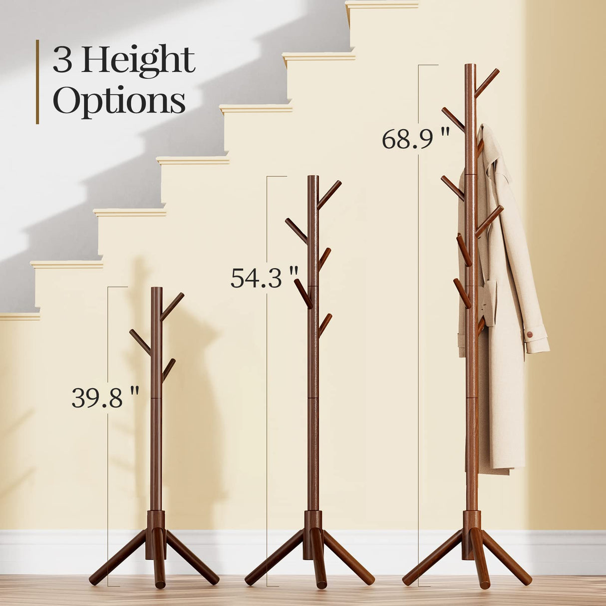 Coat Rack, Coat Rack Freestanding with 3 Adjustable Coat Tree and 8 Hooks