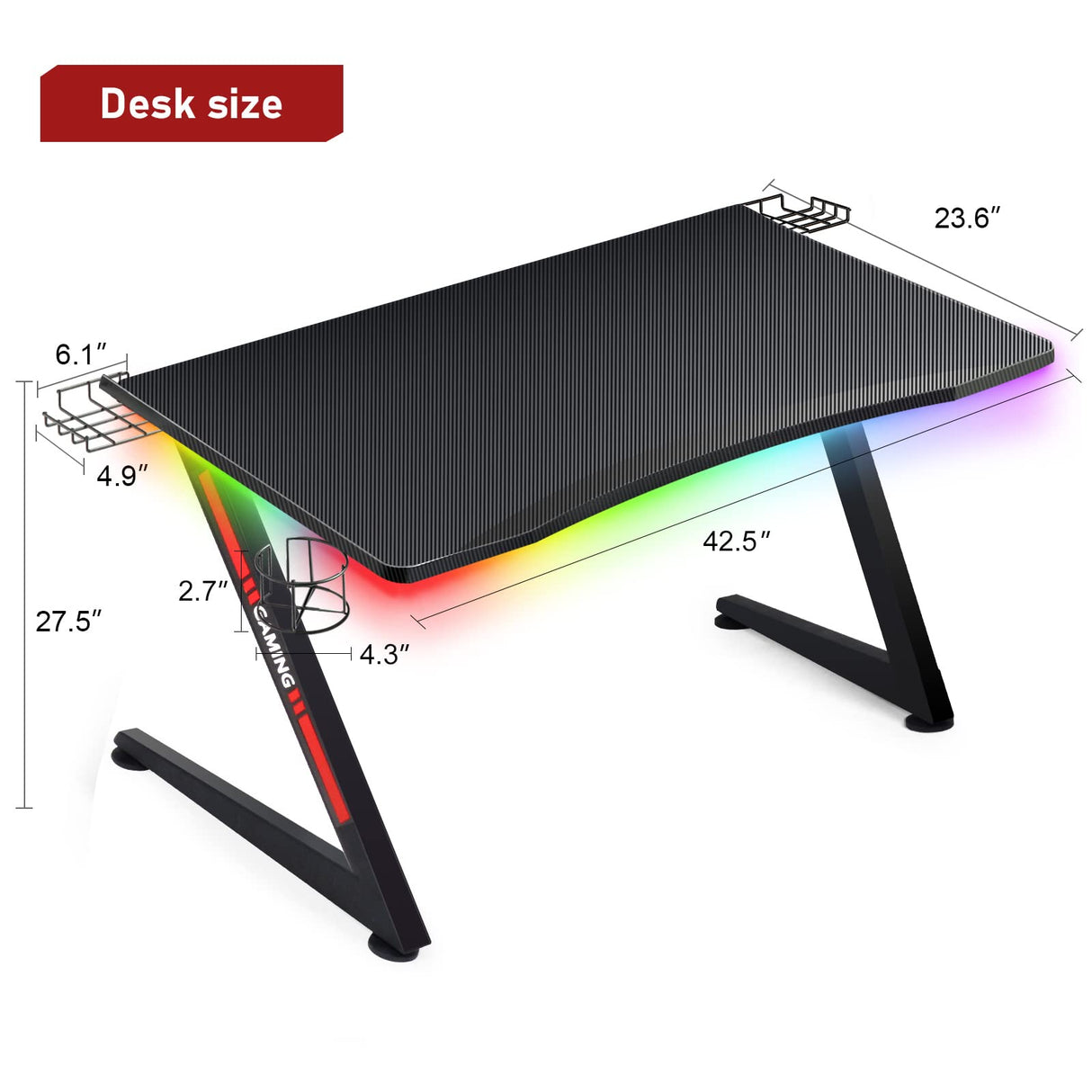 Gaming Desk with Led Strip Lights, 44 Inch Ergonomic Z-Shaped Carbon Fiber