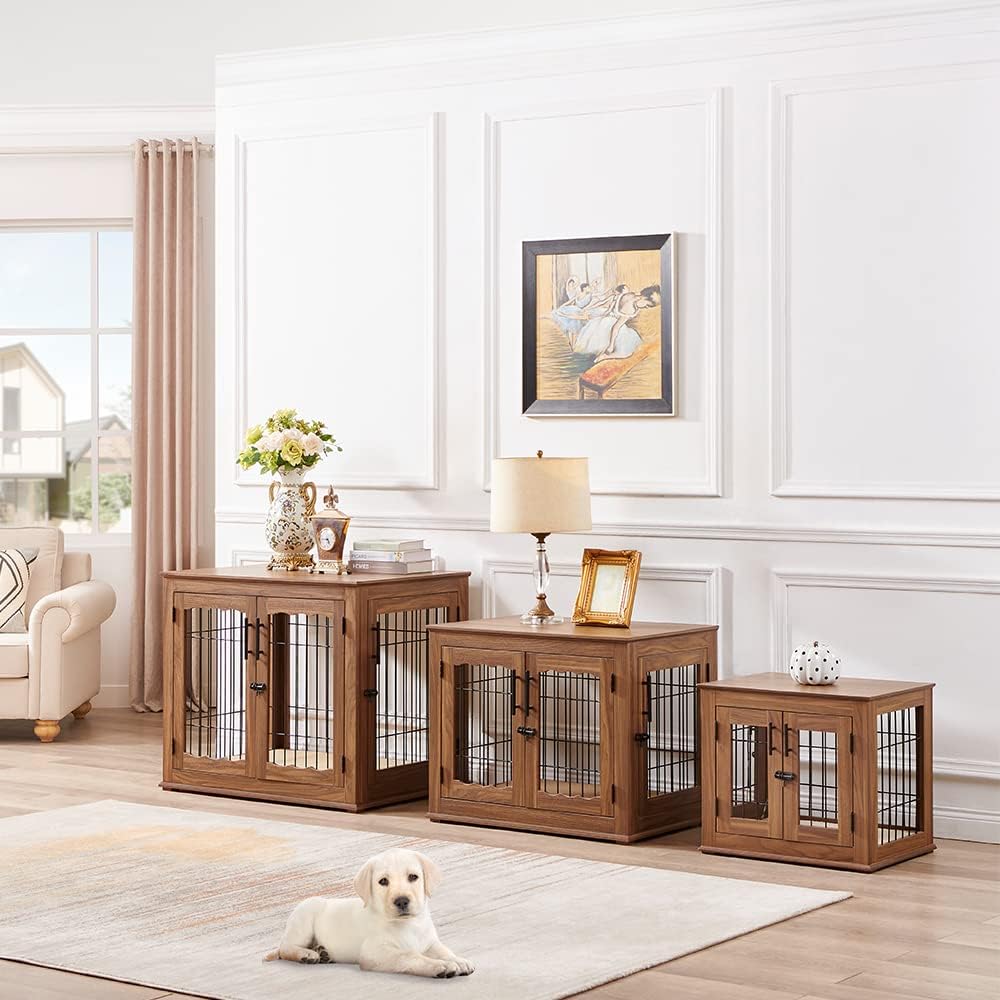 Furniture Style Dog Crate End Table, Wooden Wire Dog Kennel Double Doors with Pet Bed