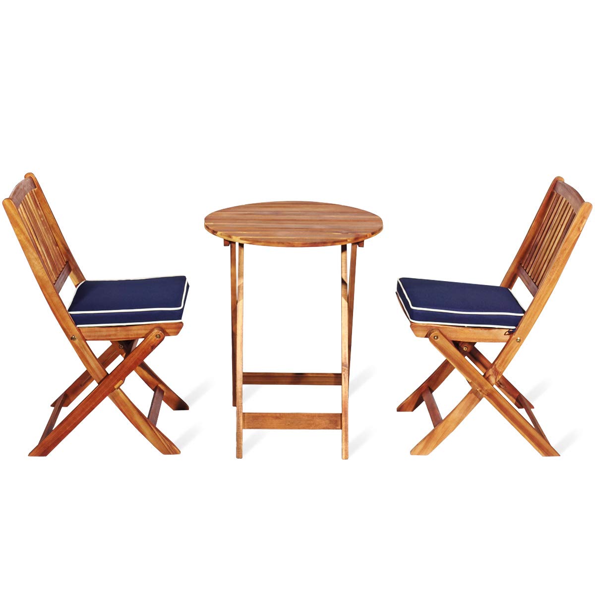 3Pcs Patio Bistro Set, Wood Folding Table Set, 2 Cushioned Chairs