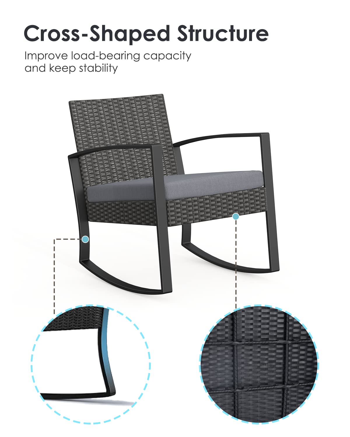 3 Pieces Wicker Patio Furniture Set, Modern Rocking Conversation Set