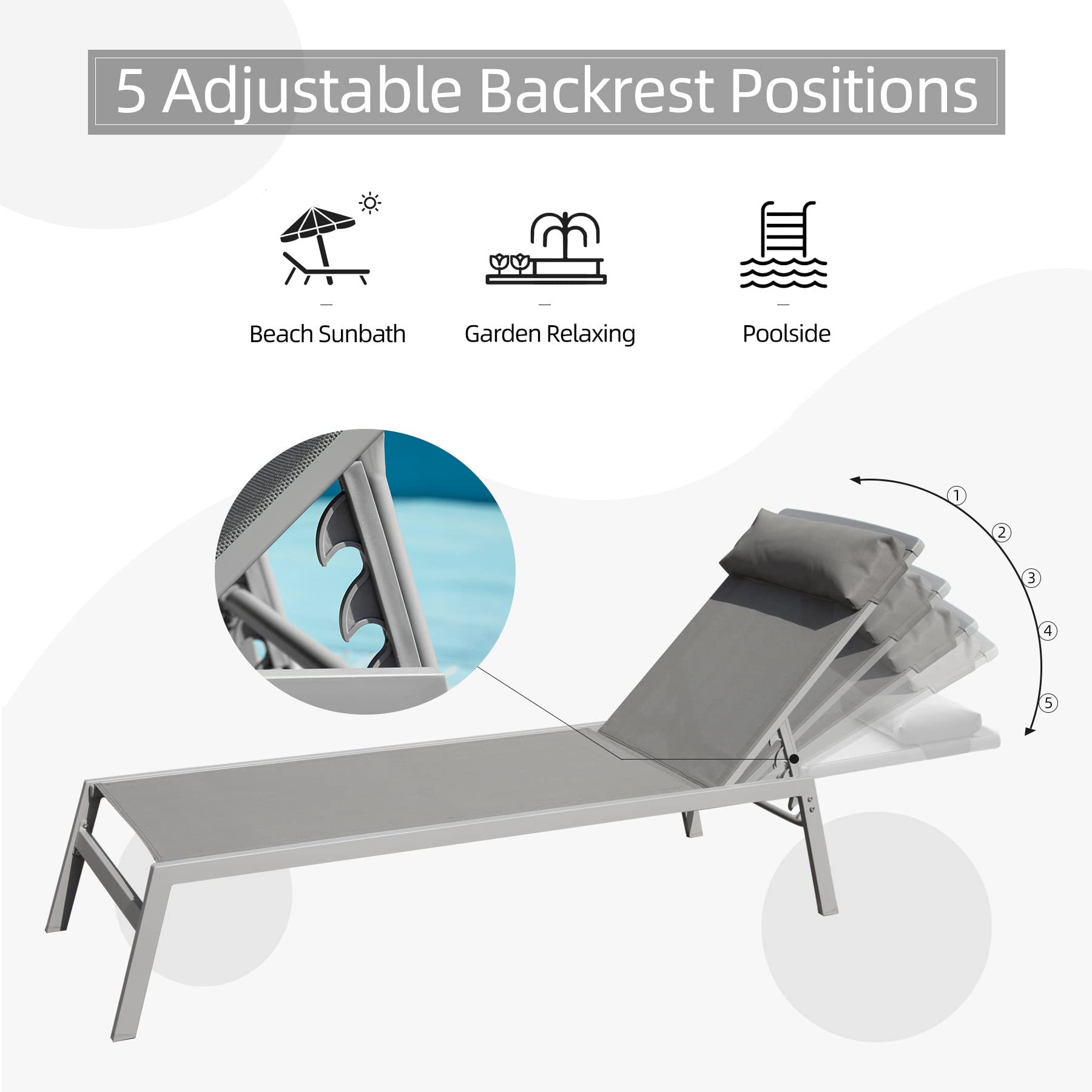 Patio Chaise Lounge Set  -3 Pieces Aluminum Adjustable Pool Lounge Chairs