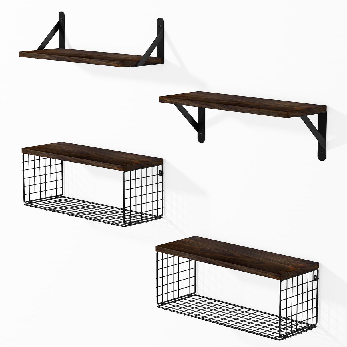 Wall Floating Shelves, Wall Mounted Shelf Set of 4, with Metal Baskets, Rustic DƩcor Style