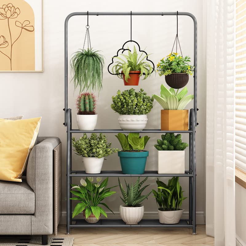 3-Tier Tall Wrought Iron Plant Stand – Indoor & Outdoor Corner Shelf with Hanging Hooks