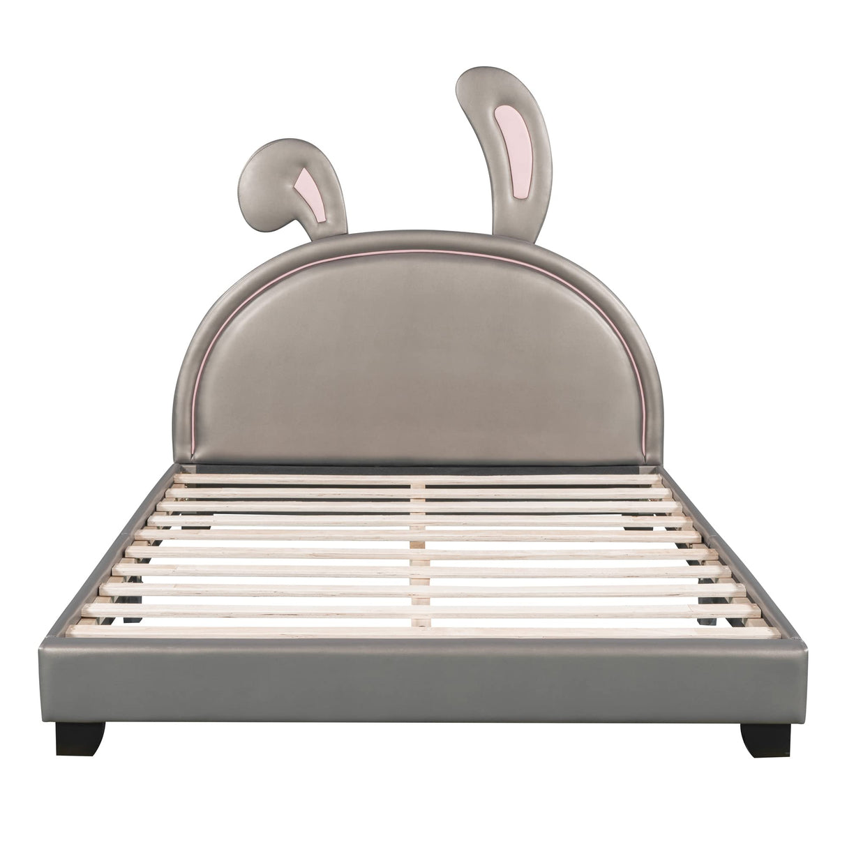 Full Size Upholstered Leather Platform Bed with Bunny Ears Headboard