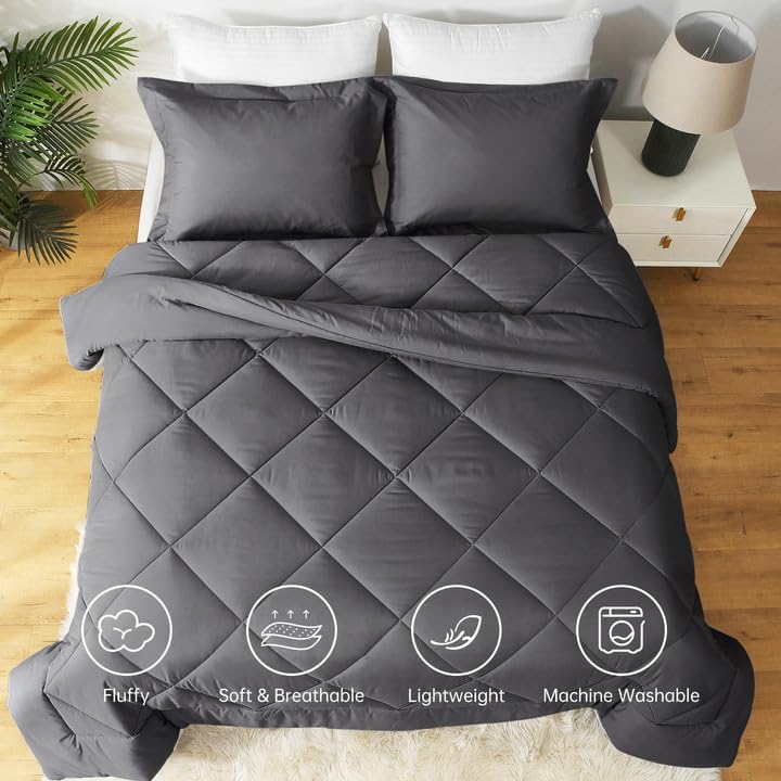 Dark Grey Queen Comforter Set, Reversible Bed in a Bag Bedding Set for All Seasons
