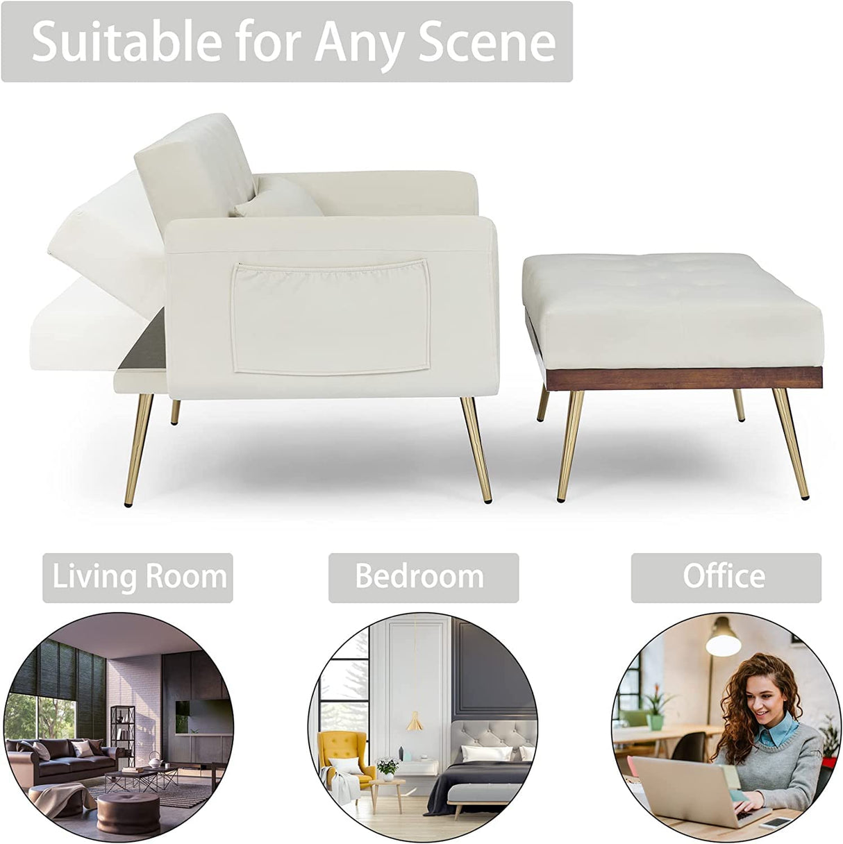 Velvet 2 in 1 Chaise Lounge Chair Indoor with Ottoman, Modern Sofa Bed