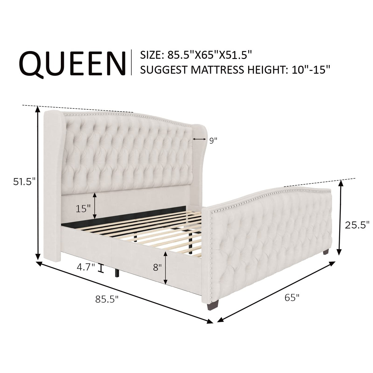 Luxury Velvet Upholstered Platform Bed, Tufted Wingback Headboard