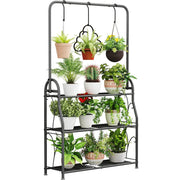 3-Tier Tall Wrought Iron Plant Stand – Indoor & Outdoor Corner Shelf with Hanging Hooks