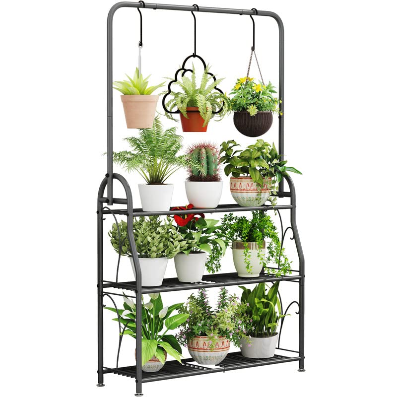 3-Tier Tall Wrought Iron Plant Stand – Indoor & Outdoor Corner Shelf with Hanging Hooks