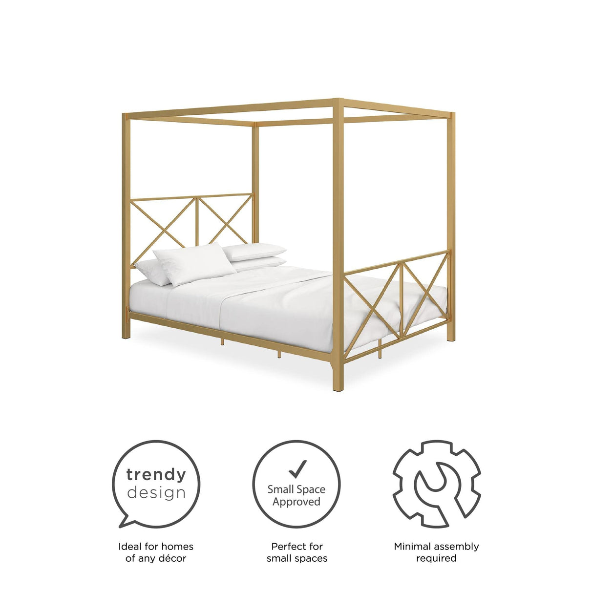 Rosedale Metal Canopy Bed Frame with Four Poster Design and Geometric Accented Headboard