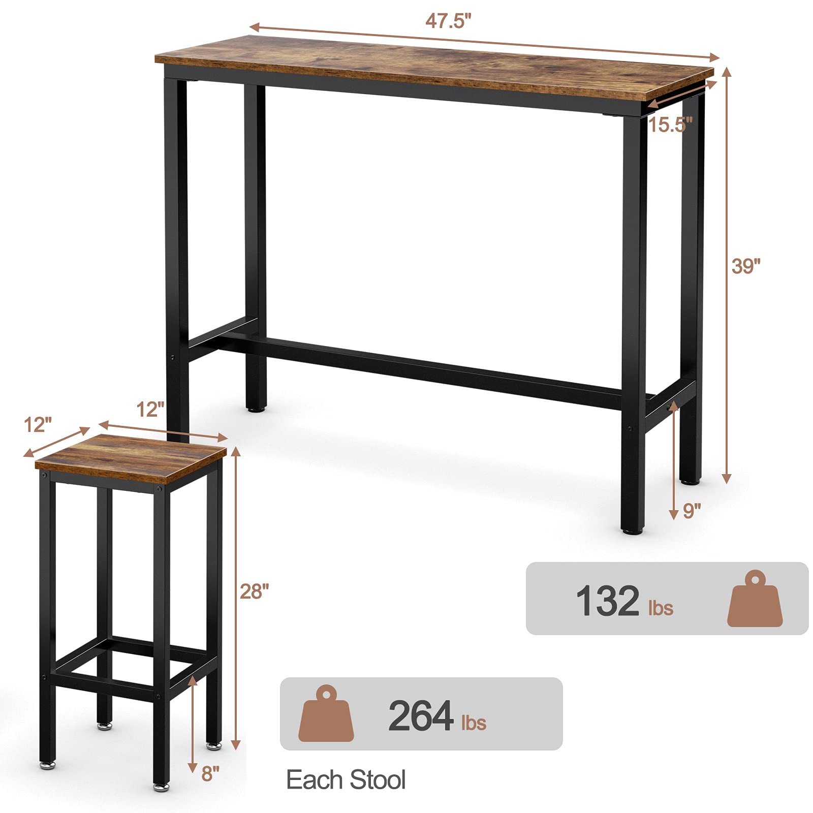 3-Piece Bar Table Set, 39.5” Bar Table with 2PC 28” Bar Stools