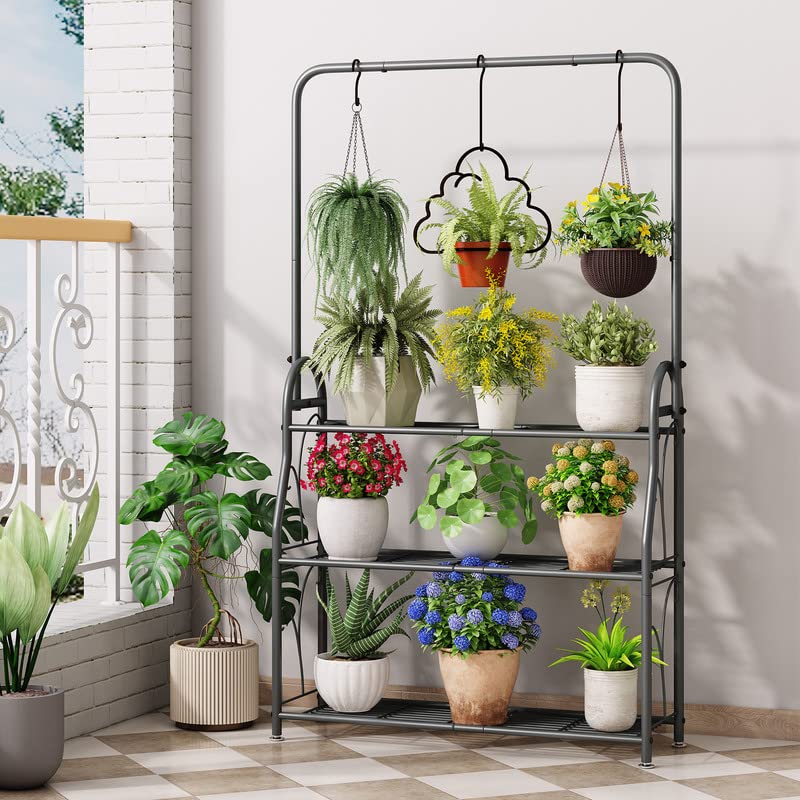 3-Tier Tall Wrought Iron Plant Stand – Indoor & Outdoor Corner Shelf with Hanging Hooks