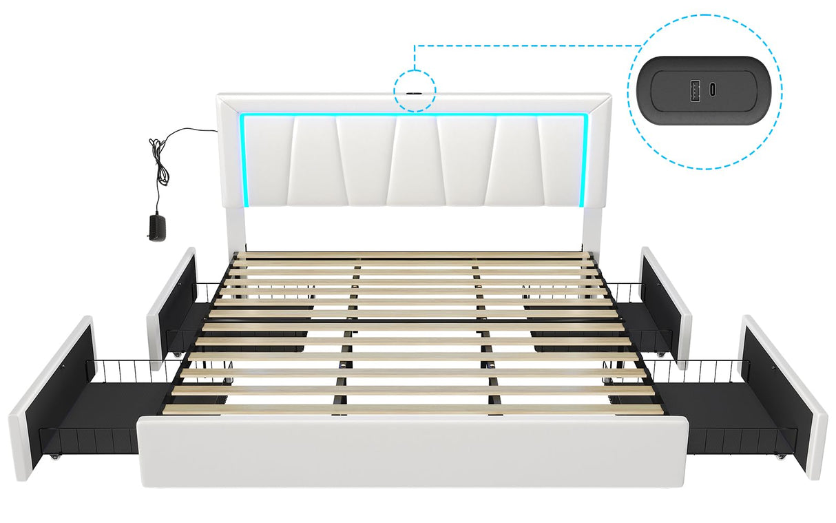 California King Bed Frame with 4 Drawers, USB Ports and Led Lights Faux Leather