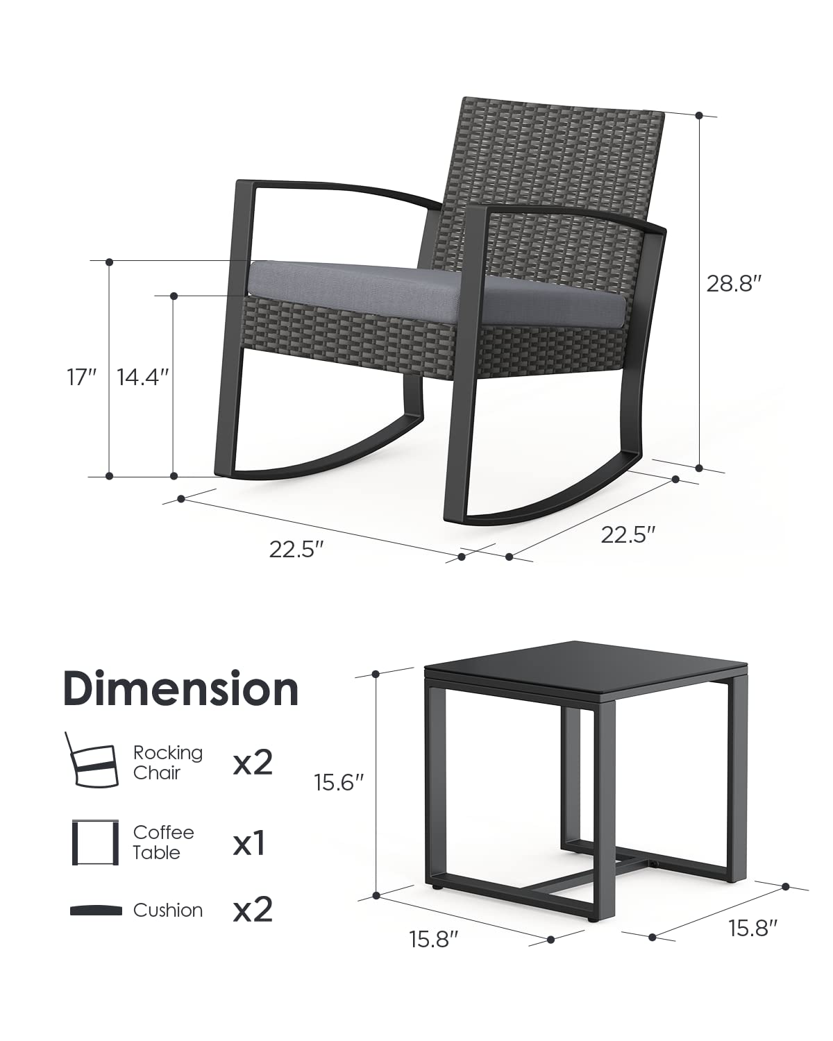 3 Pieces Wicker Patio Furniture Set, Modern Rocking Conversation Set
