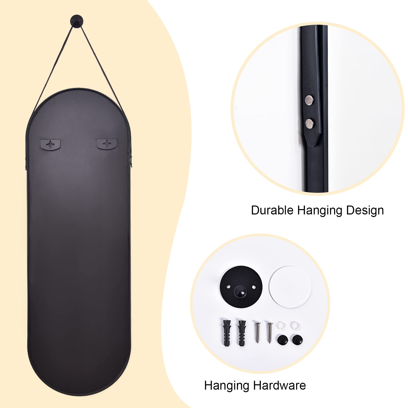 16"x48" Oval Hanging Mirror with Leather Strap Full Length Mirror Aluminum Frame Wall-Mounted Hanging Mirrors for Bathroom Vanity Living Room Bedroom Entryway Decor