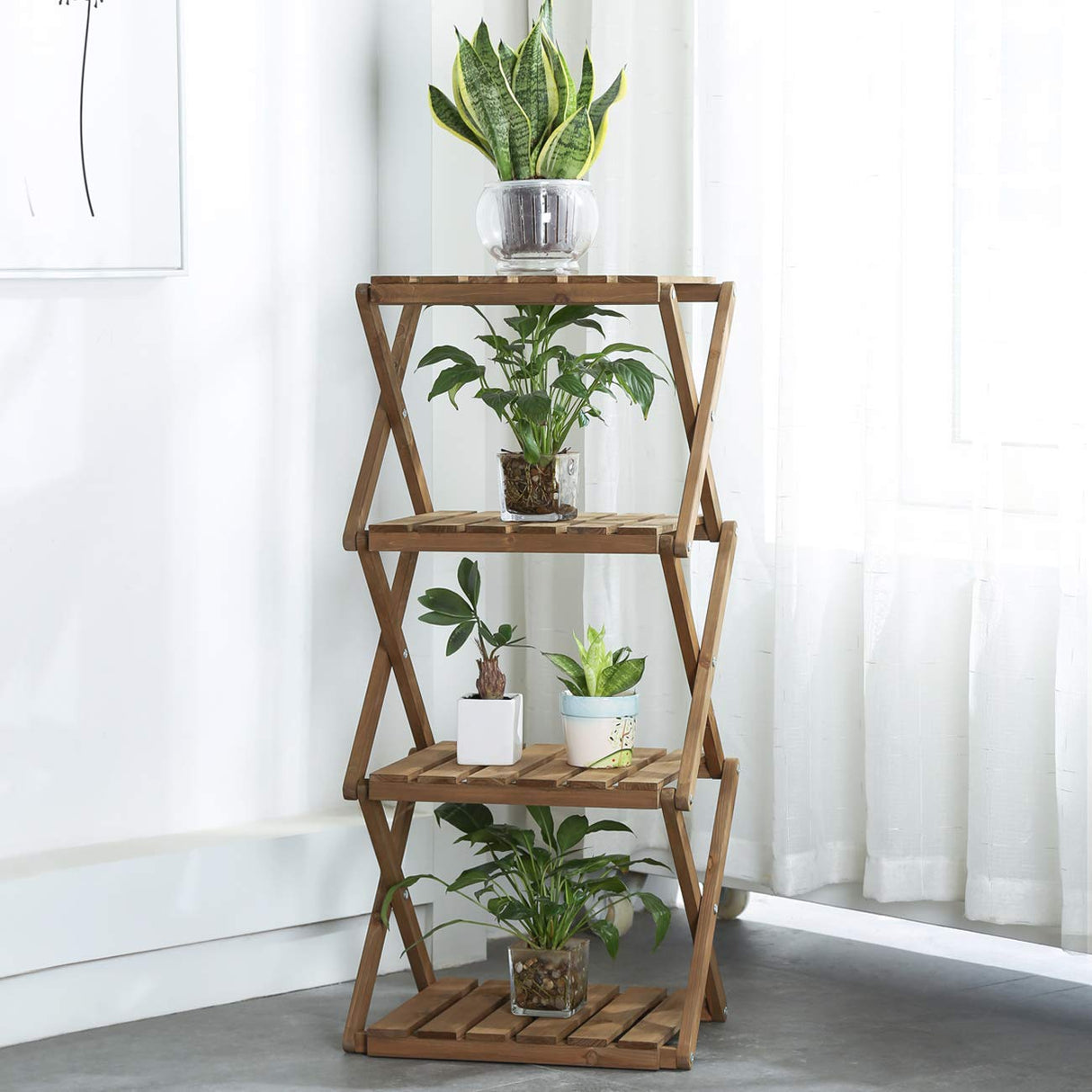 Foldable 4-Tier Wooden Plant Stand & Storage Rack