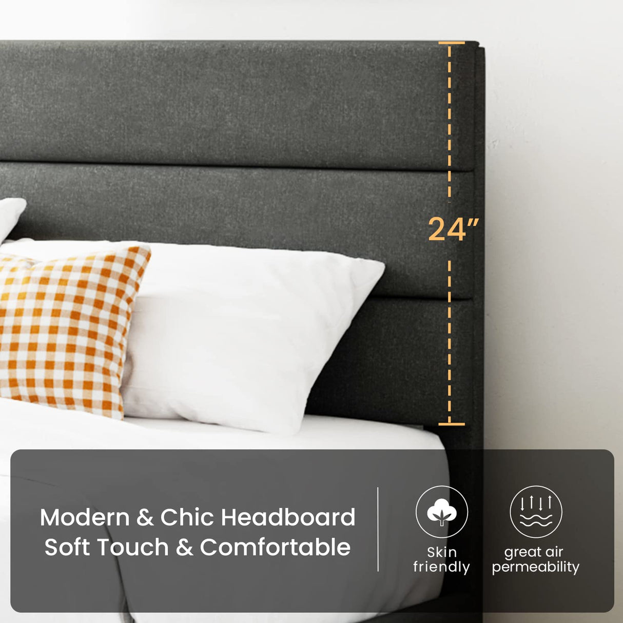 King Platform Bed Frame with Upholstered Fabric Headboard, Mattress Foundation