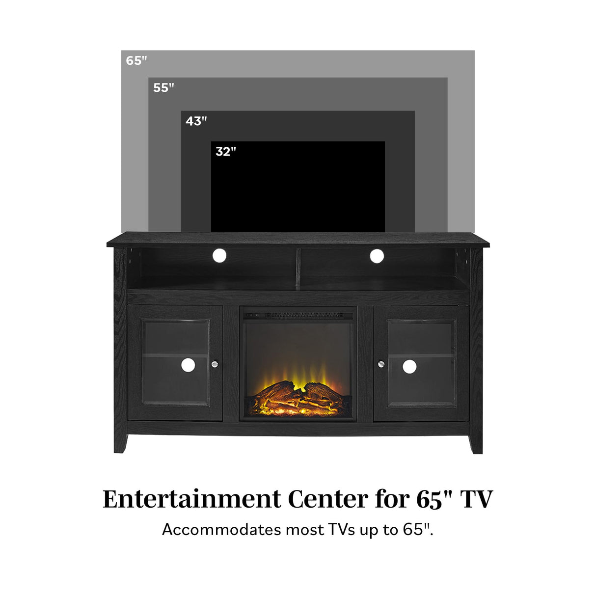 Glass Door Highboy Fireplace TV Stand for TVs up to 65