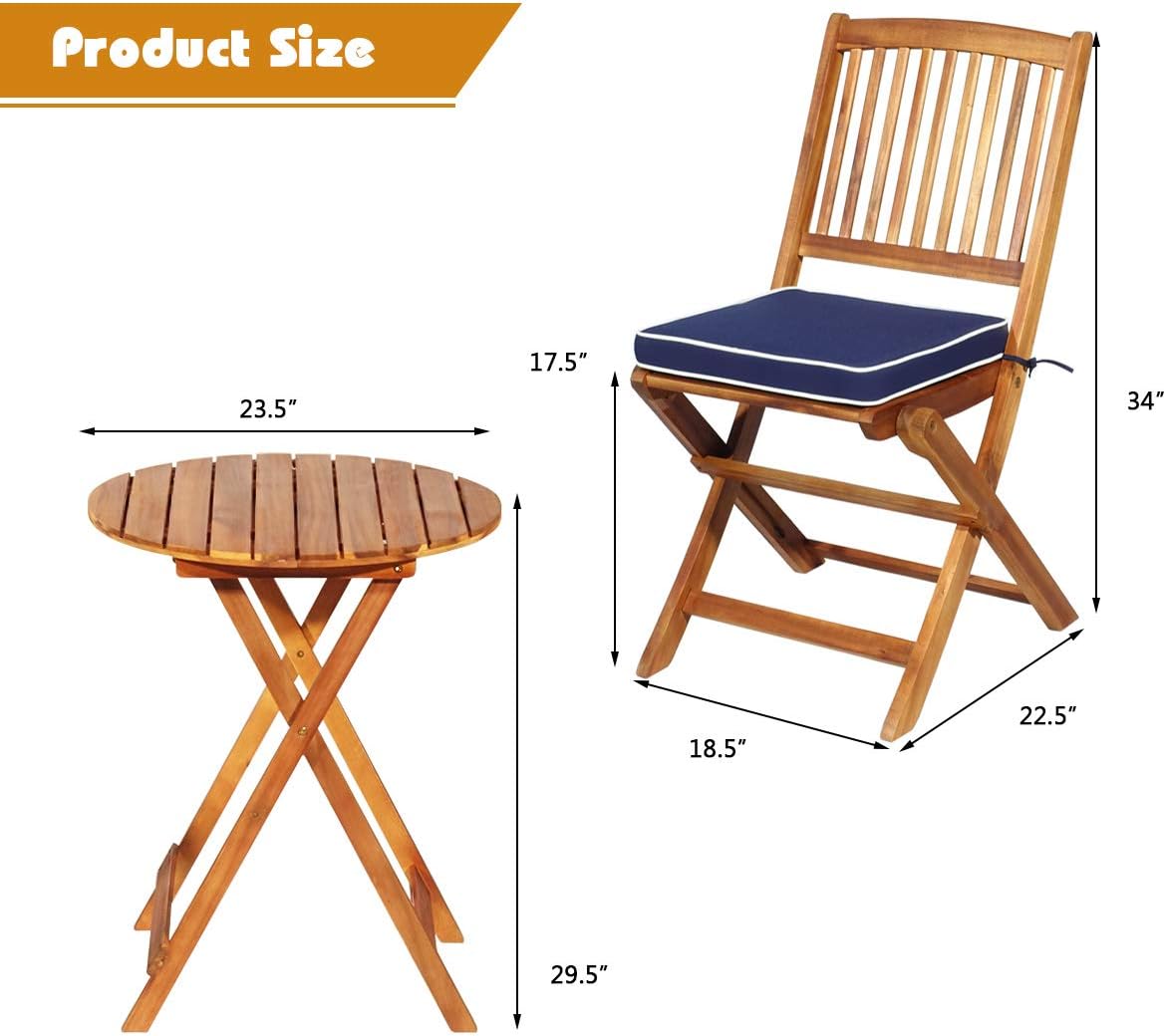 3Pcs Patio Bistro Set, Wood Folding Table Set, 2 Cushioned Chairs