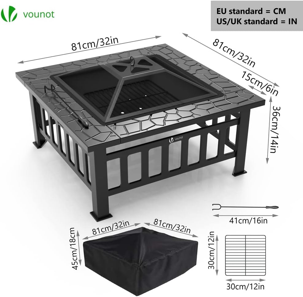 Fire Table 32 inch Square Firepit Multifunctional Outdoor Fireplace