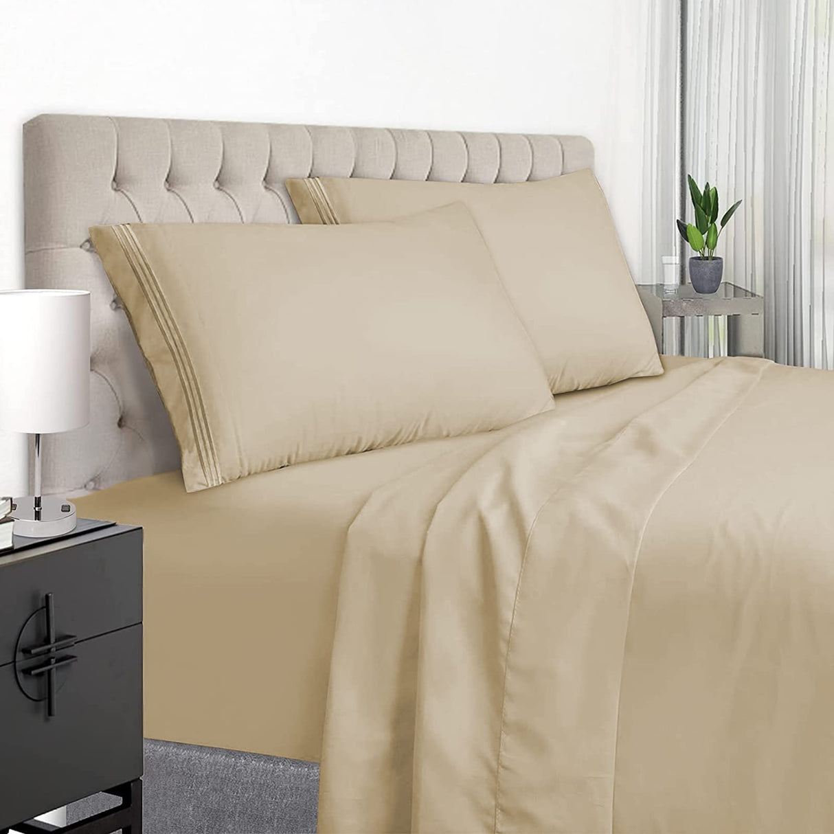 Beige Queen Size Bed Sheets Set Deep Pocket to 21 inches Mattress