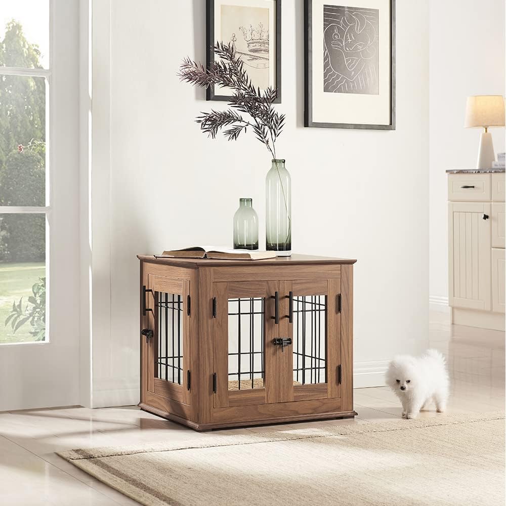 Furniture Style Dog Crate End Table, Wooden Wire Dog Kennel Double Doors with Pet Bed