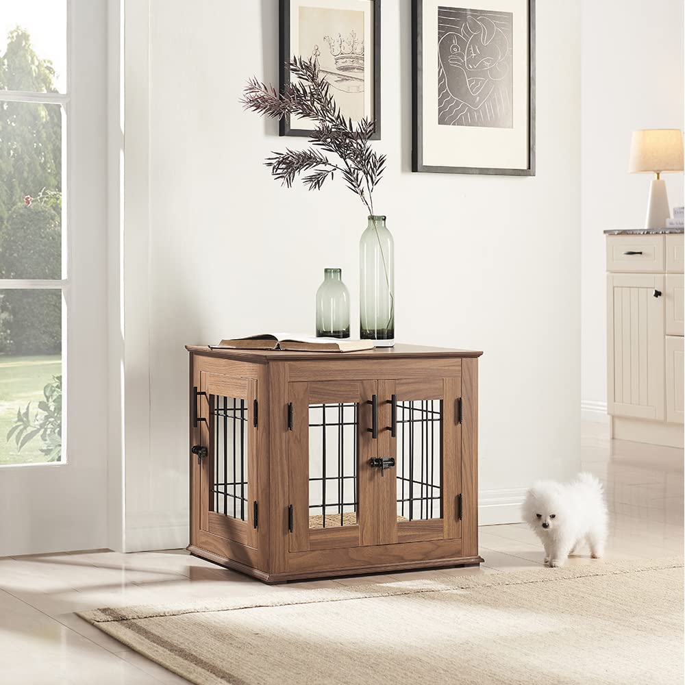 Furniture Style Dog Crate End Table, Wooden Wire Dog Kennel Double Doors with Pet Bed