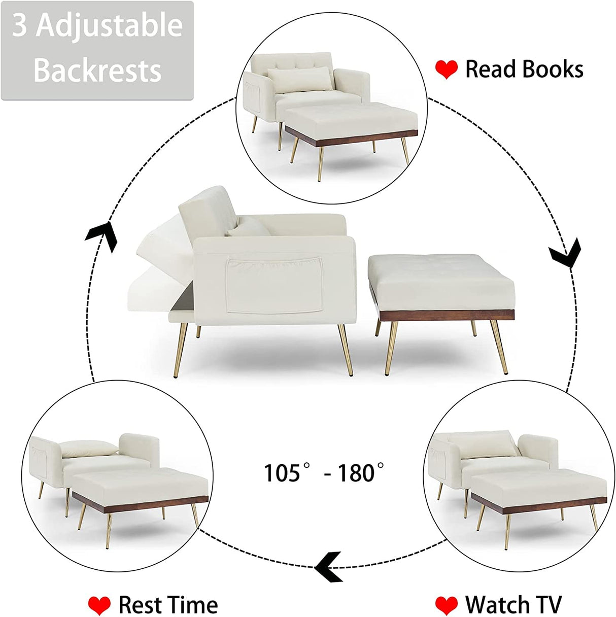 Velvet 2 in 1 Chaise Lounge Chair Indoor with Ottoman, Modern Sofa Bed