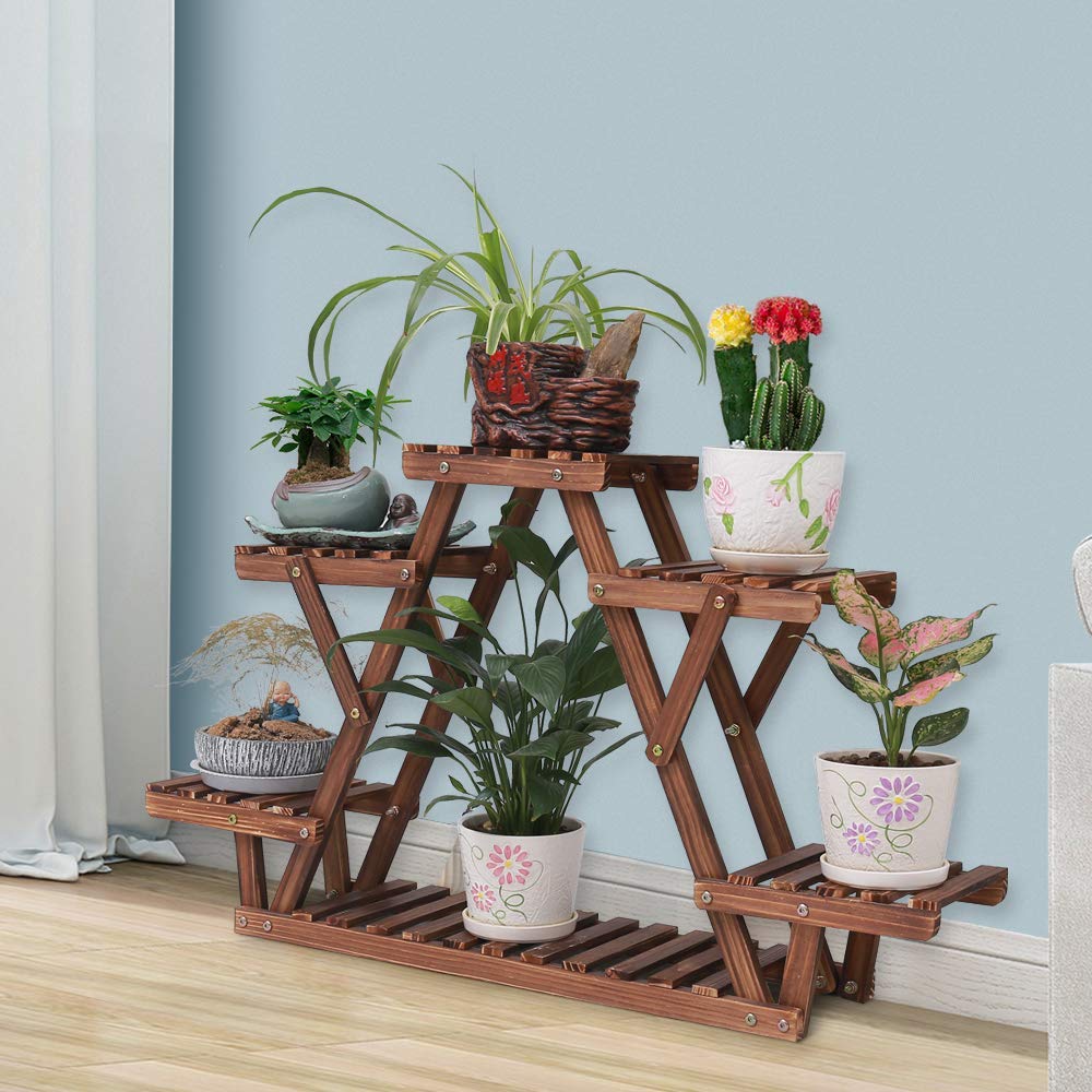 TriStand 3-Tier Wooden Plant Stand – Carbonized Pine Wood Display Shelf