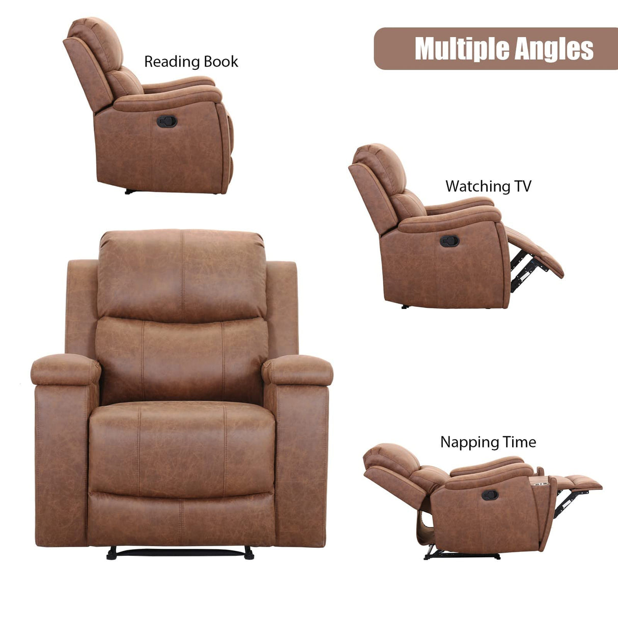 LuxeCove Manual Recliner Chair – Faux Leather, 145° Recline & Hidden Cup Holders