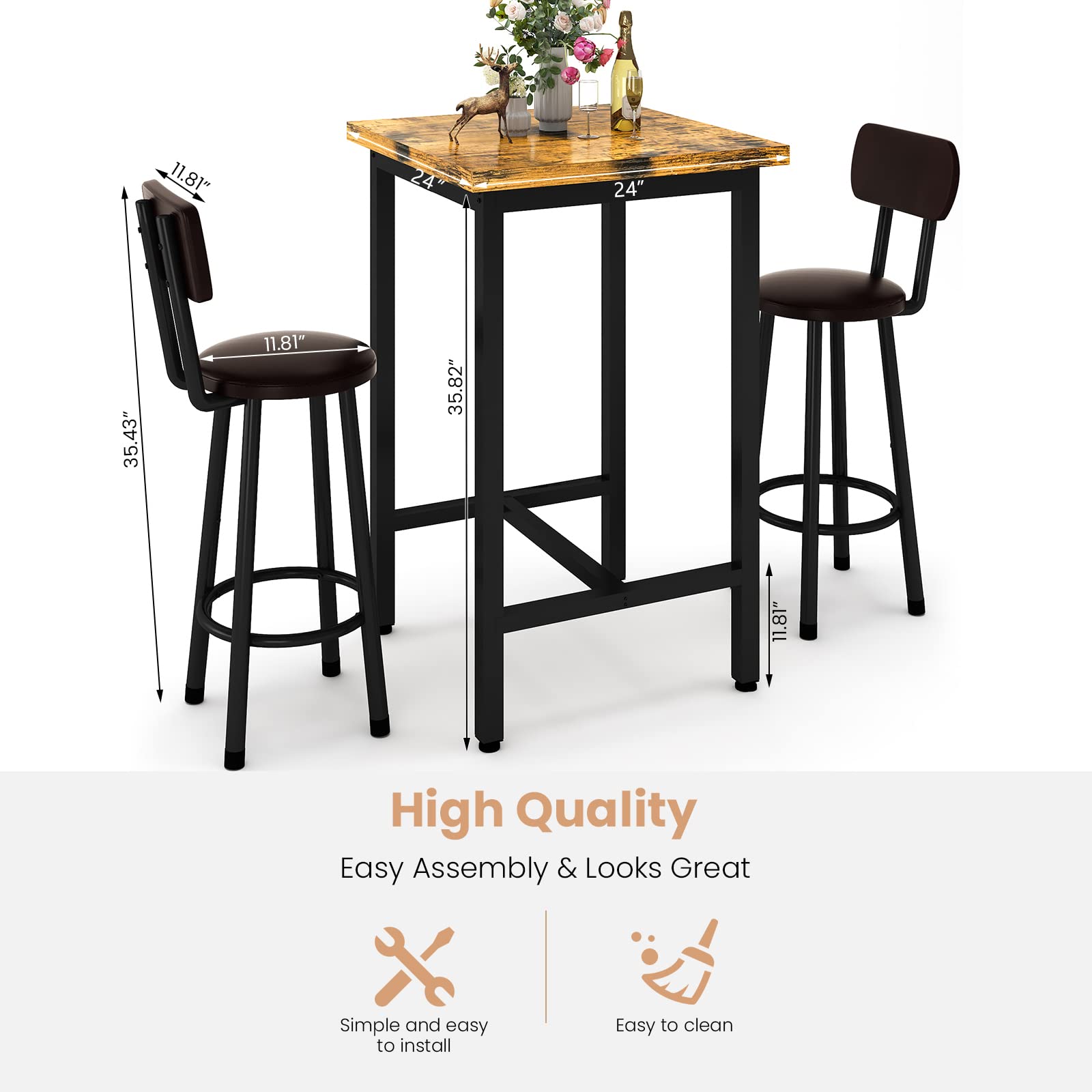 3 Piece Pub Dining Set, Modern bar Table and Stools for 2 Kitchen Counter