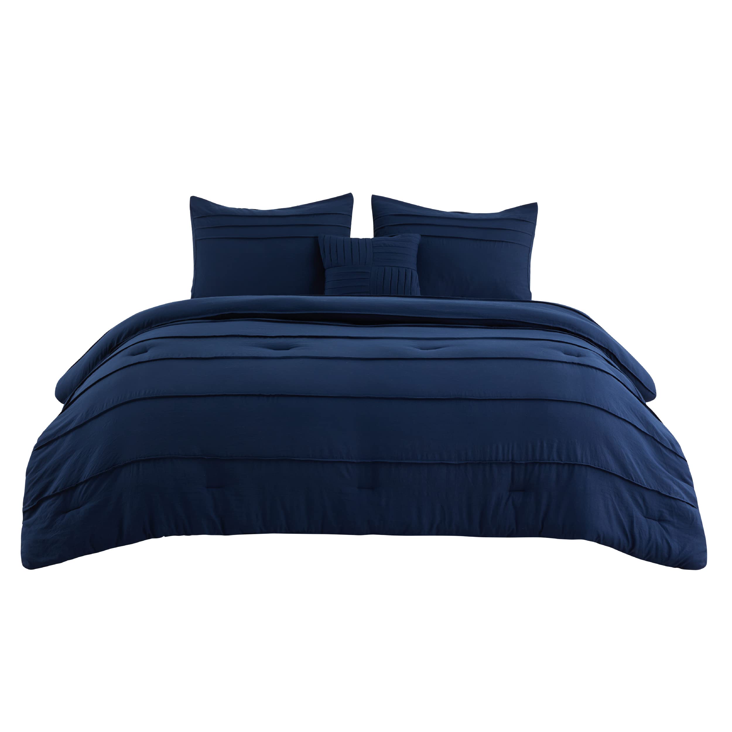 Navy Blue King Size Comforter Set - 4 Pieces Pinch Pleat Bed Set, Down Alternative