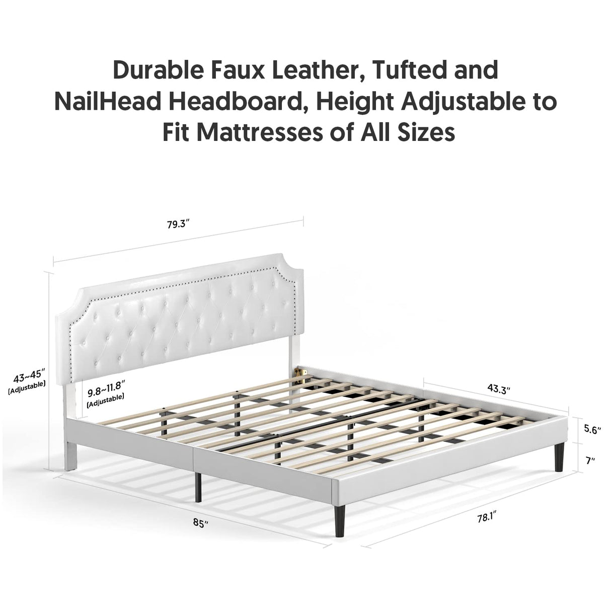 Bed Frame Upholstered Low Profile Platform Bed with Tufted Faux Leather Headboard/No