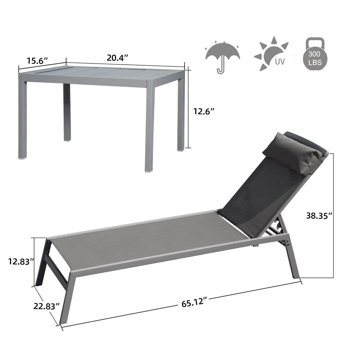 Patio Chaise Lounge Set -3 Pieces Aluminum Adjustable Pool Lounge Chairs