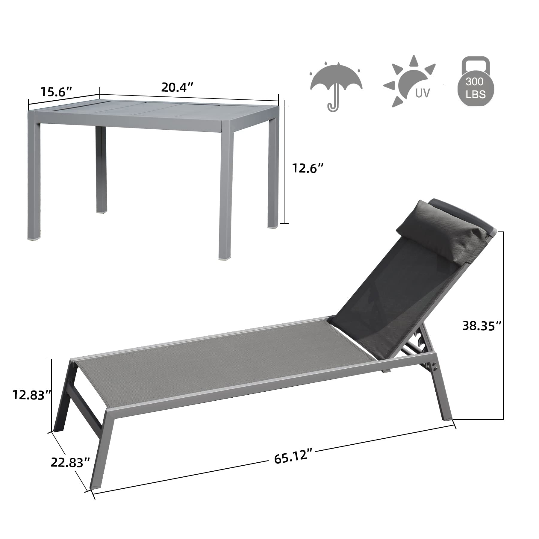 Patio Chaise Lounge Set  -3 Pieces Aluminum Adjustable Pool Lounge Chairs
