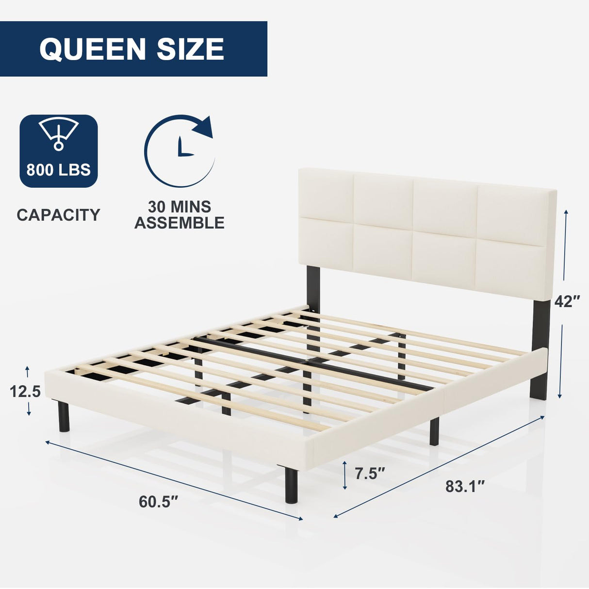 Upholstered Headboard, Strong Frame, and Wooden Slats