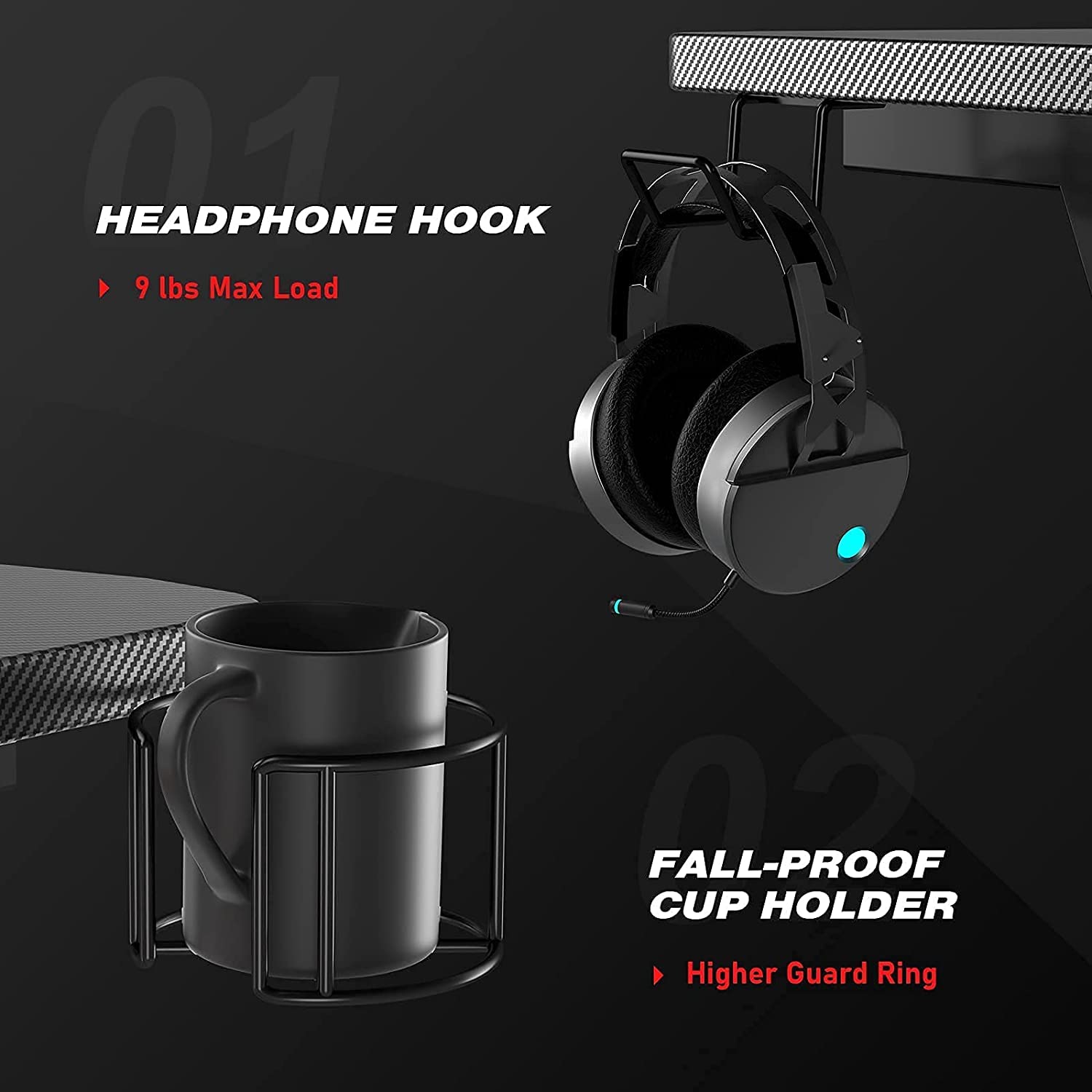 Gaming Desk with Led Strip Lights, 44 Inch Ergonomic Z-Shaped Carbon Fiber