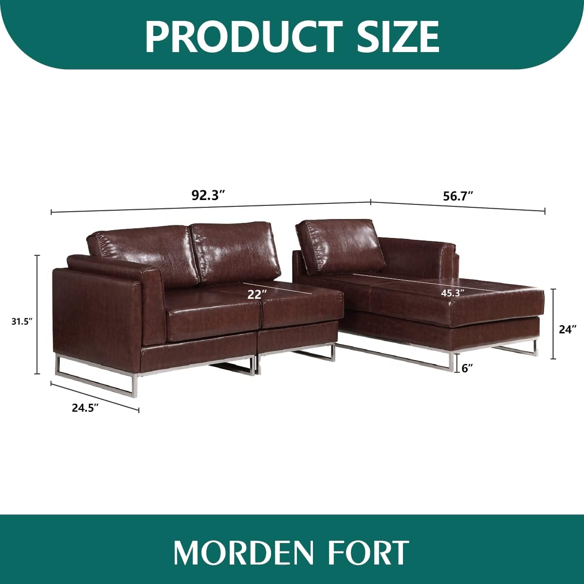 Luxury Sectional L-Shape Leather Sofa with Right Chaise, PU Leather Modern Solid Wood