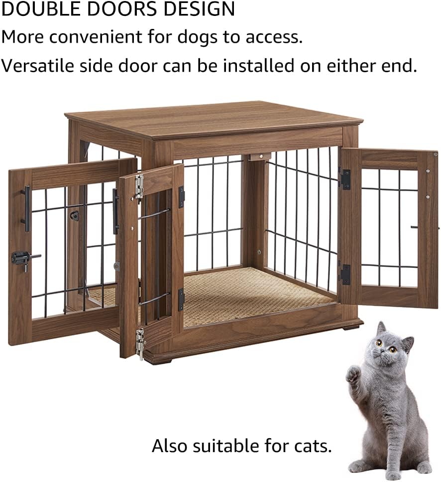 Furniture Style Dog Crate End Table, Wooden Wire Dog Kennel Double Doors with Pet Bed