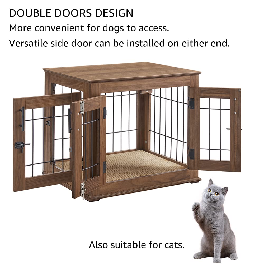 Furniture Style Dog Crate End Table, Wooden Wire Dog Kennel Double Doors with Pet Bed