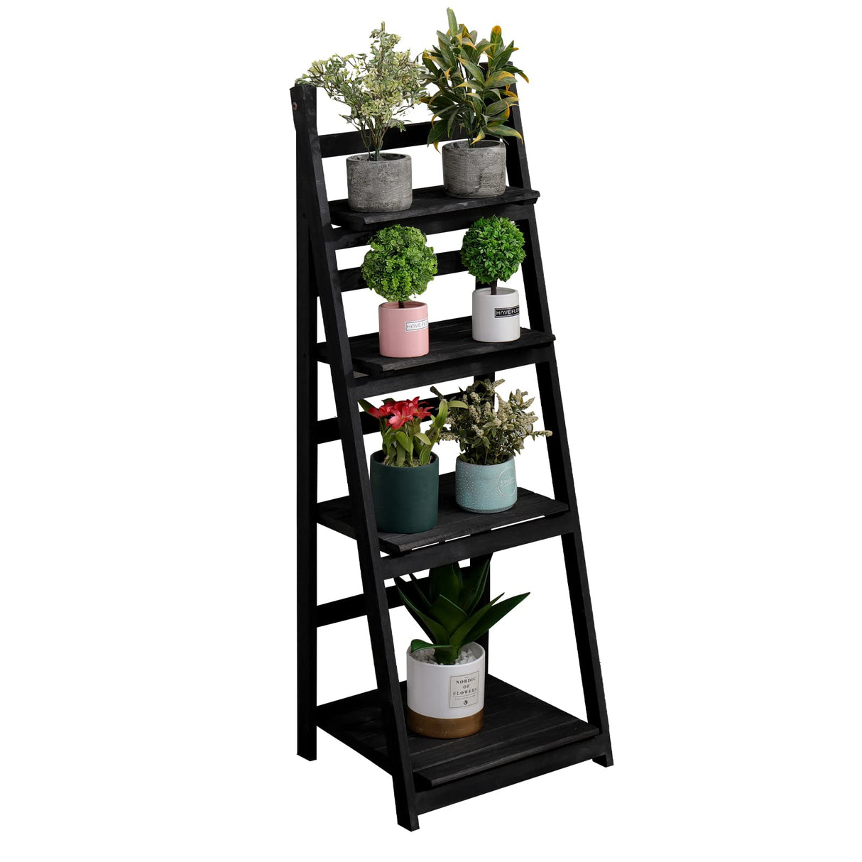 Babion 4-Tier Ladder Bookshelf – Black Wooden Storage Rack