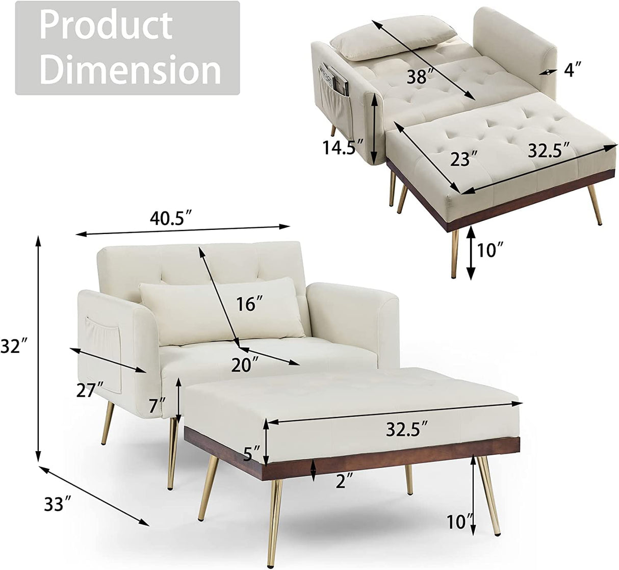 Velvet 2 in 1 Chaise Lounge Chair Indoor with Ottoman, Modern Sofa Bed